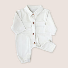 Load image into Gallery viewer, Baby white button down corduroy jumpsuit with two pockets