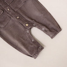 Load image into Gallery viewer, Baby brown button down corduroy jumpsuit snap button opening at legs