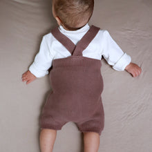 Load image into Gallery viewer, Baby laying on stomach wearing white mockneck long sleeved shirt and brown cotton knit jumper