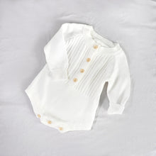 Load image into Gallery viewer, Baby white long sleeved knit romper with four buttons in the center and three buttons at crotch opening