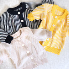 Load image into Gallery viewer, Front of navy, tan and yellow striped cotton baby button down cardigans