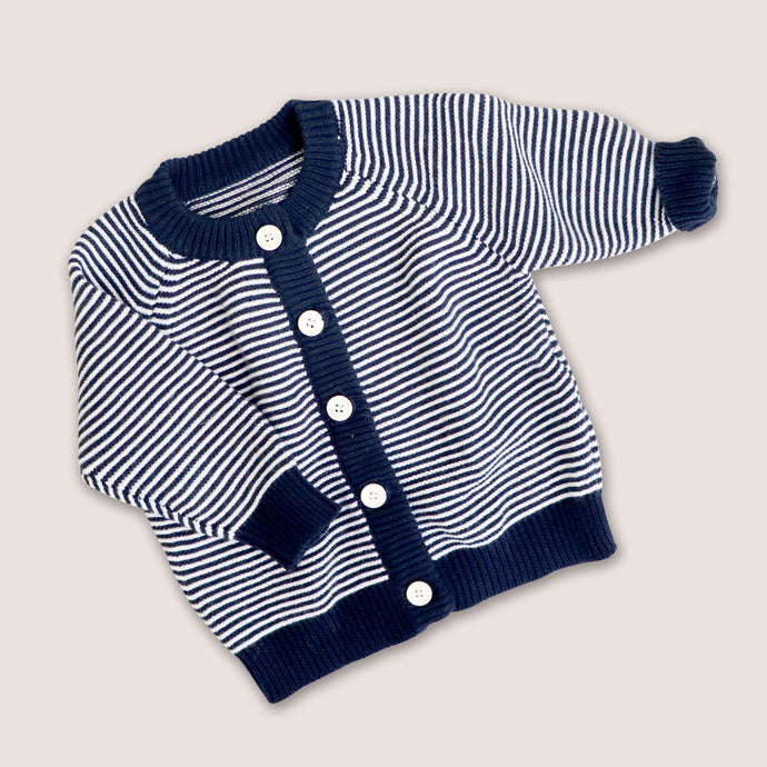 Navy striped cotton button down baby cardigan 