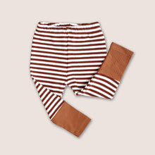 Load image into Gallery viewer, Baby brown and white striped cotton leggings with a brown cuffed ribbed bottom