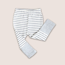 Load image into Gallery viewer, Baby light grey and white striped cotton leggings with a light grey cuffed ribbed bottom