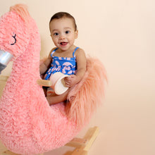 Load image into Gallery viewer, Toddler sitting in rocking flamingo wearing pink and blue cheetah tankini