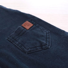 Load image into Gallery viewer, the back pocket of baby blue denim overalls