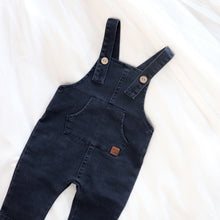 Load image into Gallery viewer, baby blue denim overall with front pocket and brown adjustable buttons