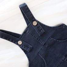 Load image into Gallery viewer, front of blue baby denim overalls with brown buttons