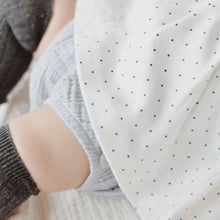 Load image into Gallery viewer, babys legs wearing grey socks, a light blue bloomer and the bottom of a white top with navy blue polka dots
