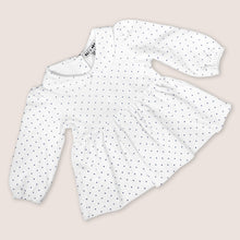 Load image into Gallery viewer, white baby tunic with navy blue polka dots and peter pan collar