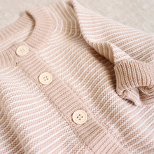 Load image into Gallery viewer, Sleeve and front of tan striped cotton button down baby cardigan