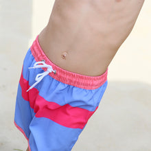 Load image into Gallery viewer, child wearing pink and blue striped toddler swim trunks