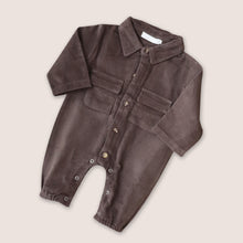 Load image into Gallery viewer, Baby brown button down corduroy jumpsuit with two pockets
