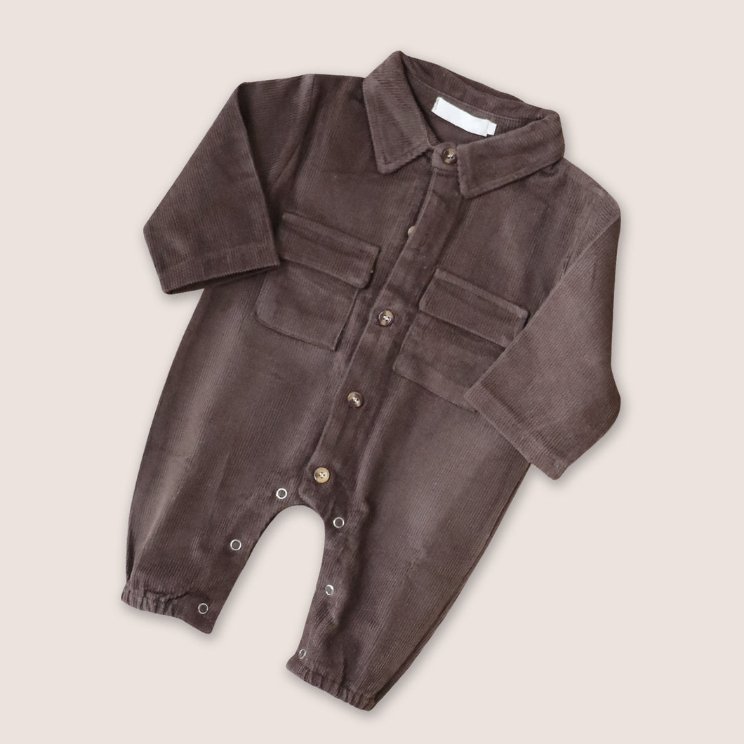 Baby brown button down corduroy jumpsuit with two pockets