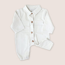 Load image into Gallery viewer, Baby white button down corduroy jumpsuit with two pockets
