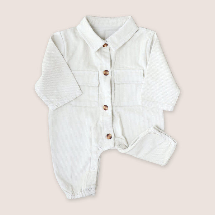 Baby white button down corduroy jumpsuit with two pockets