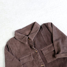 Load image into Gallery viewer, Baby brown button down corduroy jumpsuit  with two pockets 
