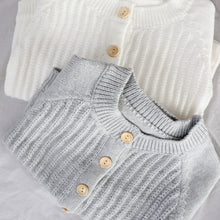 Load image into Gallery viewer, Baby long sleeved white and grey knit rompers with buttons folded
