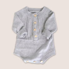 Load image into Gallery viewer, Baby grey long sleeved knit romper with four buttons in the center and three buttons at crotch opening 
