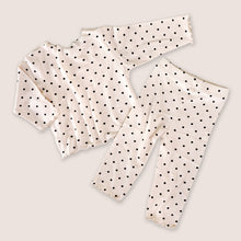 Load image into Gallery viewer, Baby long sleeved cotton apricot top with black polka dots and matching apricot cotton pants with black polka dots
