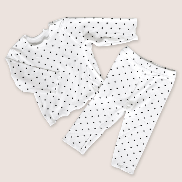 Baby long sleeved cotton white top with black polka dots and matching white cotton pants with black polka dots
