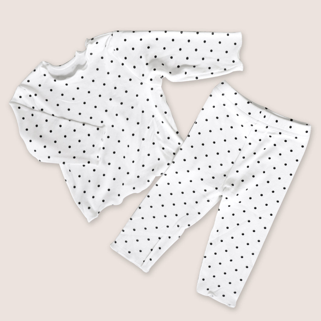 Baby long sleeved cotton white top with black polka dots and matching white cotton pants with black polka dots