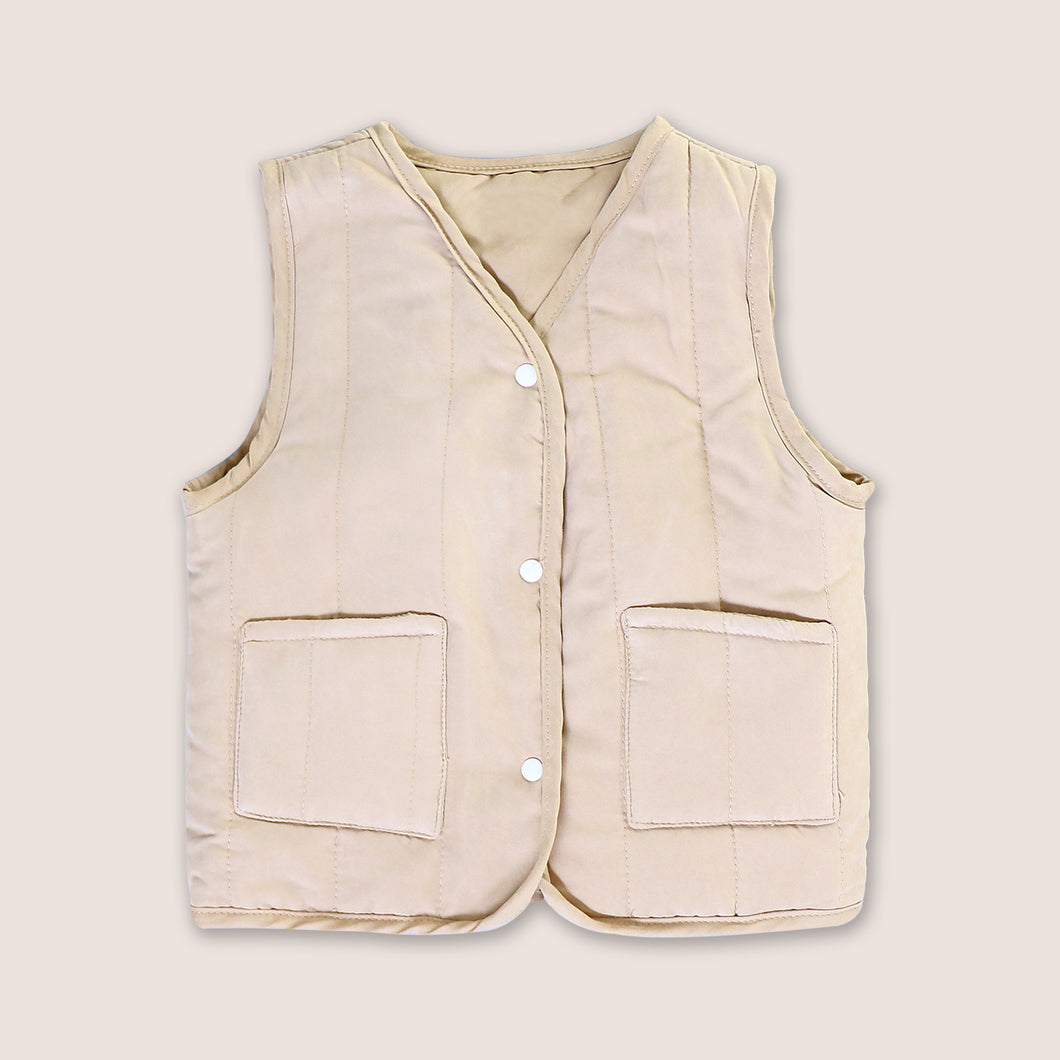 Baby beige padded  buttoned vest  with two front pockets