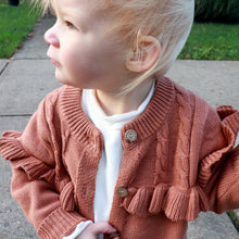 Load image into Gallery viewer, Baby standing wearing white long sleeve shirt and brown flutter long sleeved cardigan
