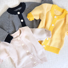 Load image into Gallery viewer, Front of navy, tan and yellow striped cotton baby button down cardigans
