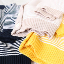 Load image into Gallery viewer, Navy, tan and yellow striped cotton baby button down cardigans
