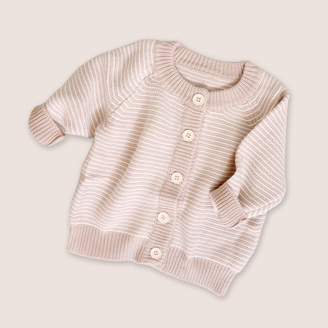 Tan striped cotton button down baby cardigan 