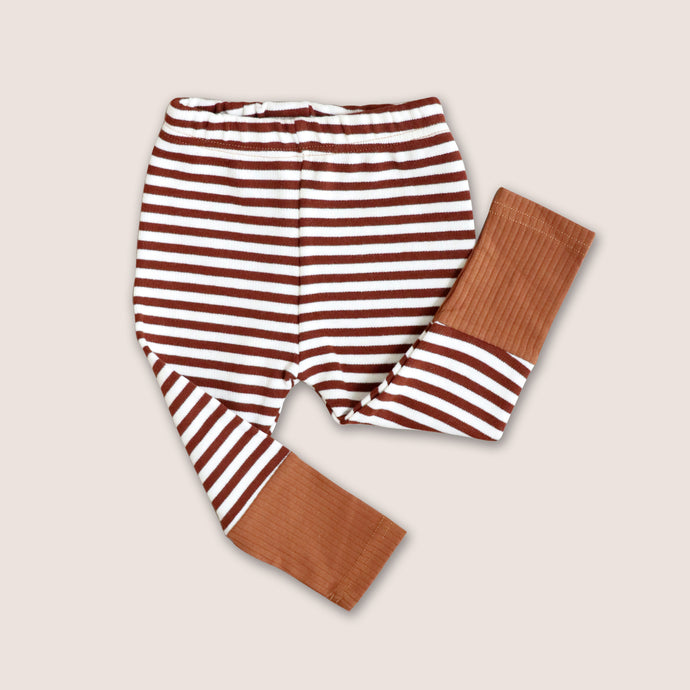 Baby brown and white striped cotton leggings with a brown cuffed ribbed bottom 