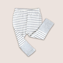 Load image into Gallery viewer, Baby light grey and white striped cotton leggings with a light grey cuffed ribbed bottom 
