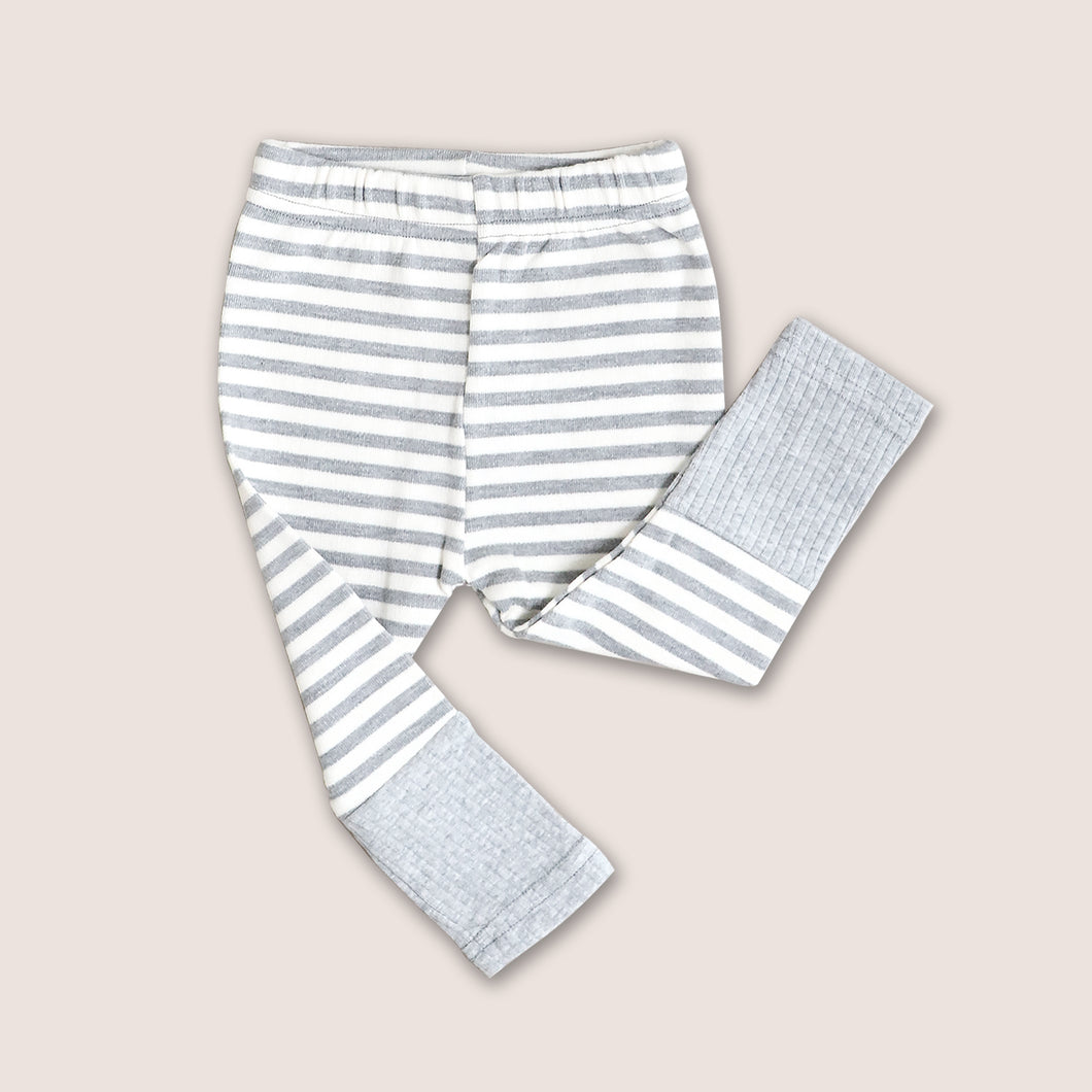 Baby light grey and white striped cotton leggings with a light grey cuffed ribbed bottom 