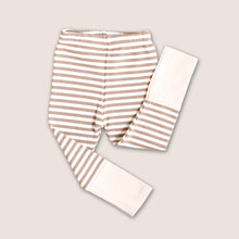 Load image into Gallery viewer, Baby tan and white striped cotton leggings with a tan cuffed ribbed bottom 

