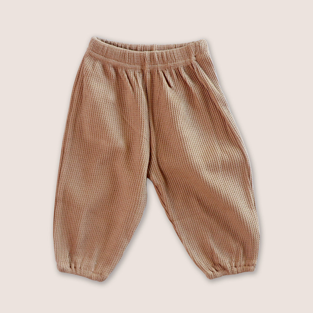 Baby brown waffle pants with elasticized leg openings