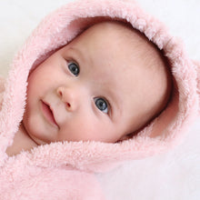 Load image into Gallery viewer, Baby wearing fuzzy light pink baby bear winter zippered onesie
