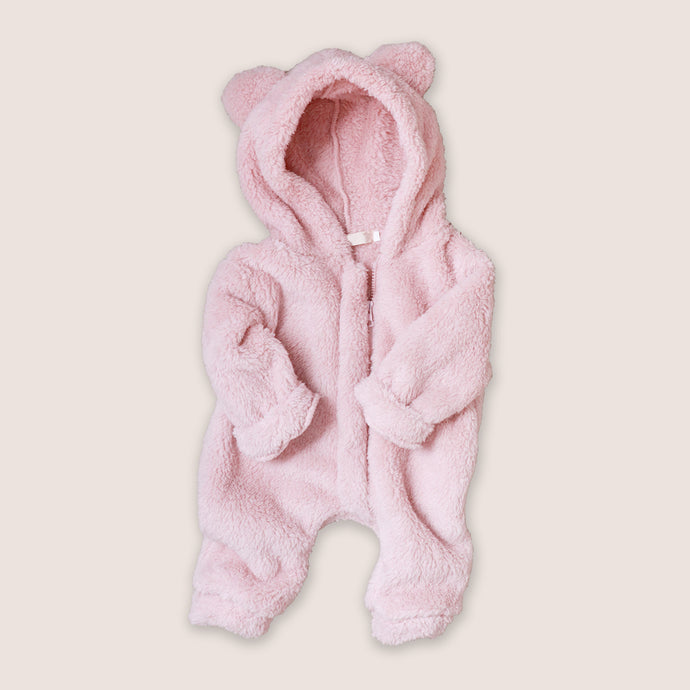 Fuzzy light pink baby bear winter zippered onesie