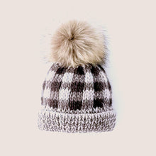 Load image into Gallery viewer, Baby grey and white buffalo checkered knit hat with ribbed cuff and fur pom pom topper 
