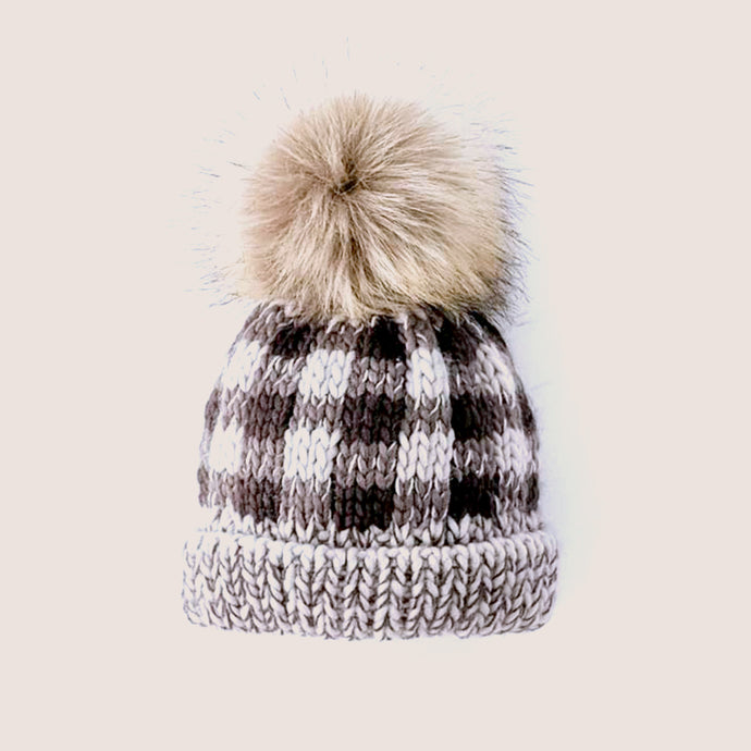 Baby grey and white buffalo checkered knit hat with ribbed cuff and fur pom pom topper 