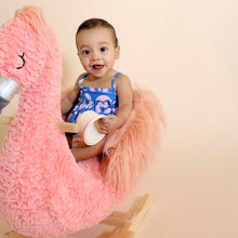 Load image into Gallery viewer, Toddler sitting in rocking flamingo wearing pink and blue cheetah tankini
