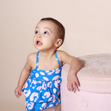 Load image into Gallery viewer, toddler standing looking up wearing pink and blue cheetah tankini
