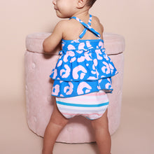 Load image into Gallery viewer, toddler standing facing the wall wearing blue and pink cheetah tankini
