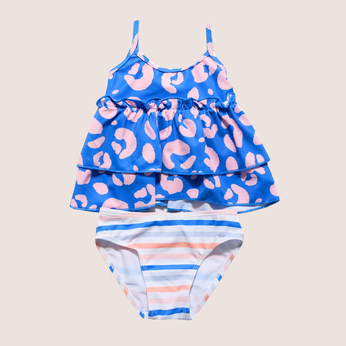 Toddler two-piece tankini in pink and blue cheetah print