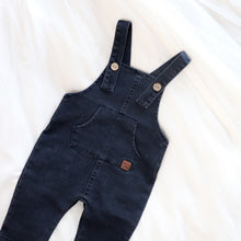 Load image into Gallery viewer, baby blue denim overall with front pocket and brown adjustable buttons
