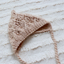 Load image into Gallery viewer, latte colored baby knit bonnet on white background
