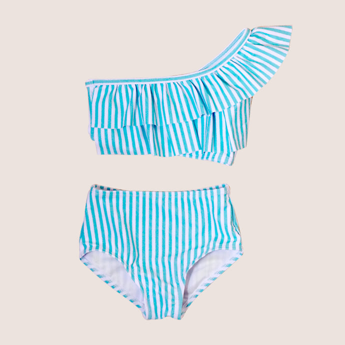 Toddler blue and white striped two piece swimsuit