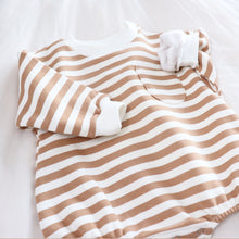 Load image into Gallery viewer, Baby long sleeved striped sweater onesie  with front right pocket
