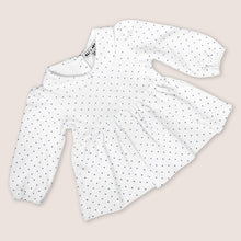 Load image into Gallery viewer, white baby tunic with navy blue polka dots and peter pan collar 

