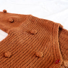 Load image into Gallery viewer, Chest and sleeve of baby brown knit pom pom cardigan
